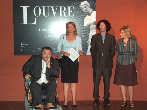 Photo taken during the opening ceremony showing Roberto Farroni of the Museo Omero, Cyrille Gouyette of the Louvre and Laura Lada of the Archaeological Museum of Split