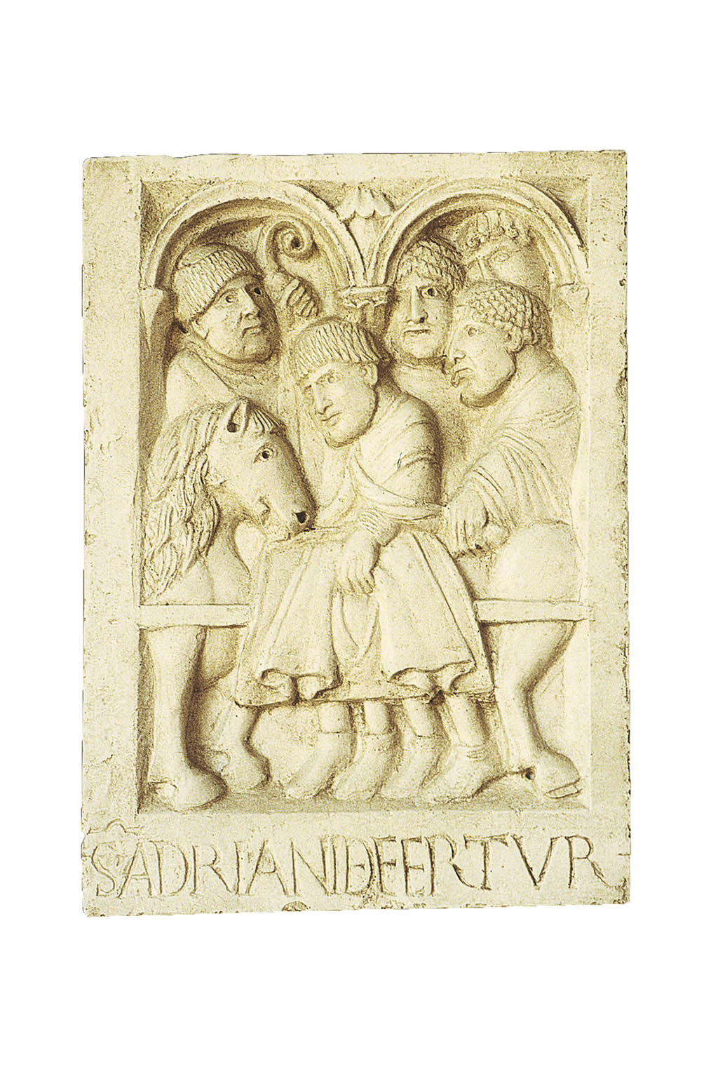 I monaci traslano la salma di papa Adriano III verso l’abbazia, formella dal portale dell’Abbazia di Nonantola