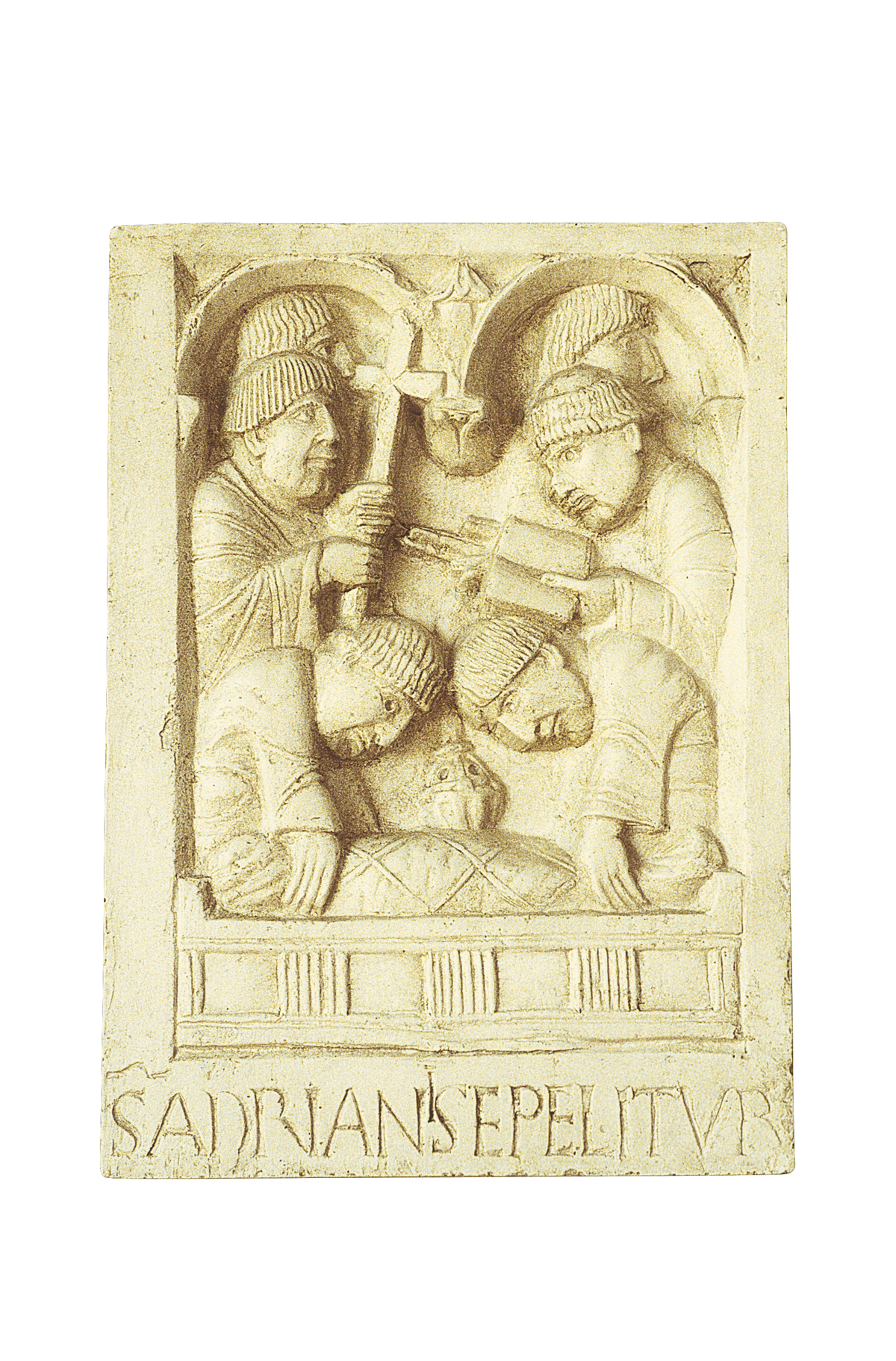 The burial of Pope Hadrian III in the Abbey, a carved panel from the portal of Nonantola Abbey