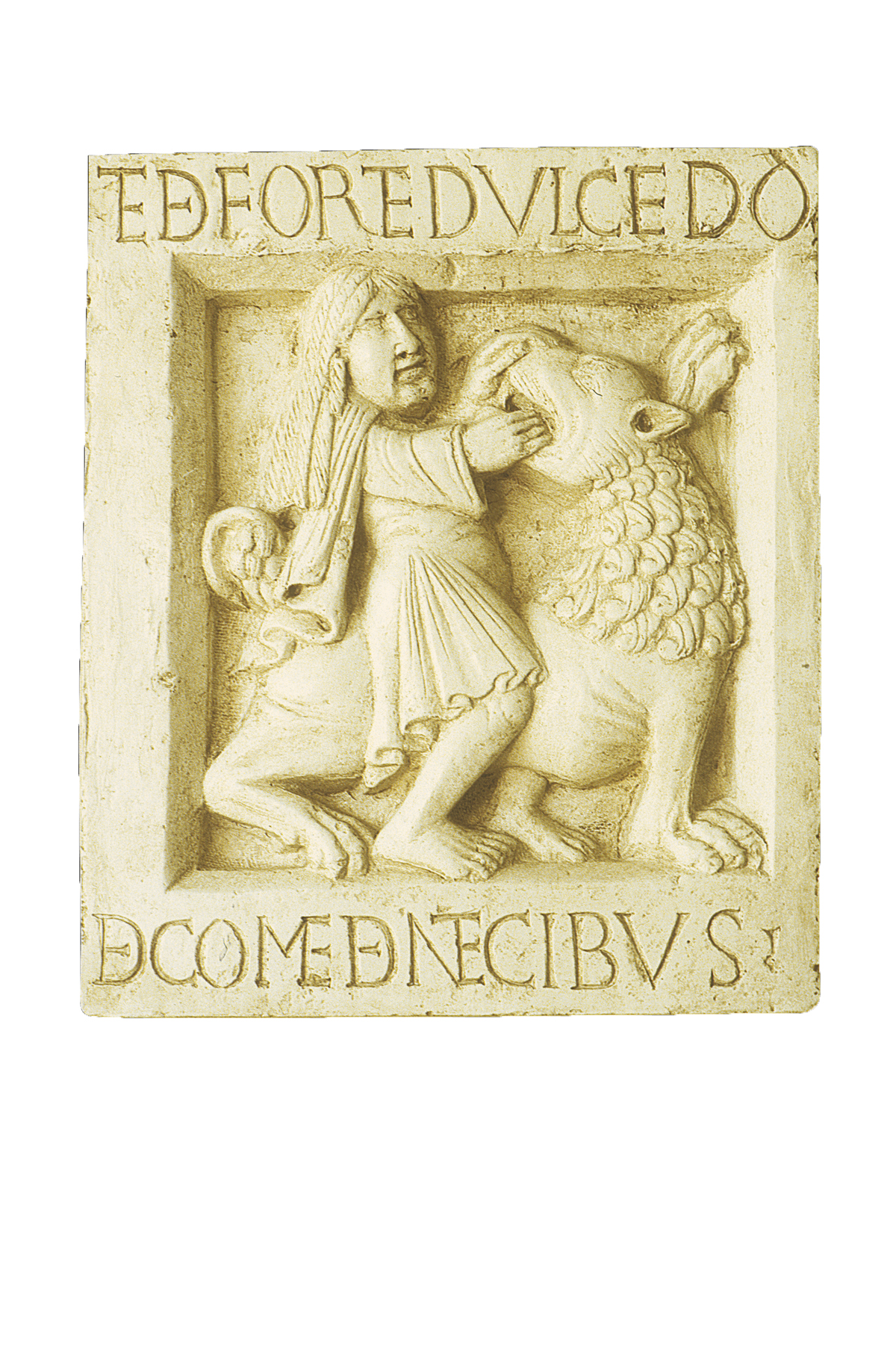 Samson riding a lion, a carved panel from the portal of Nonantola Abbey