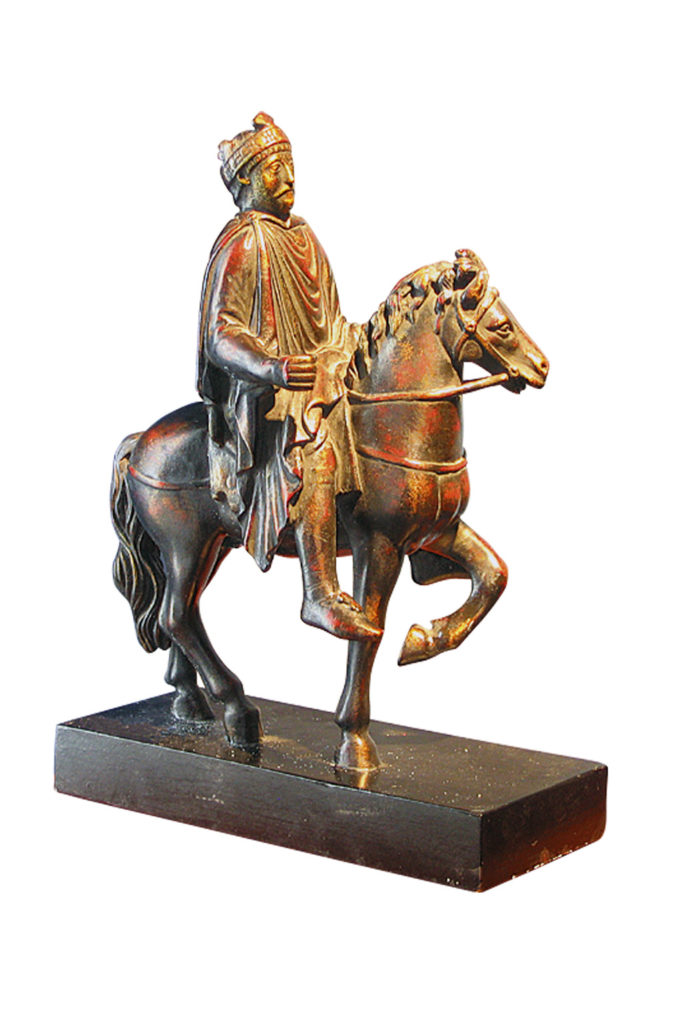 Statuetta cavallo a dondolo con babbo in resina per decorazioni interne
