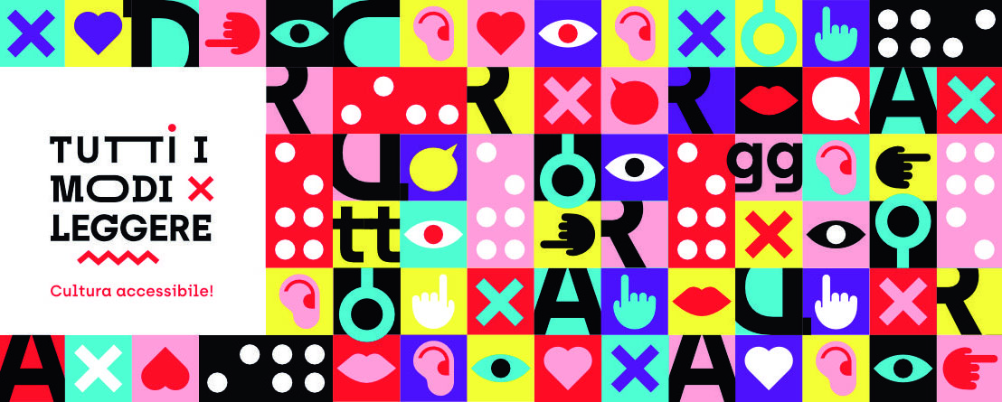 quadrati colorati con simboli di occhi, punti braille, orecchie, lettere e cuori