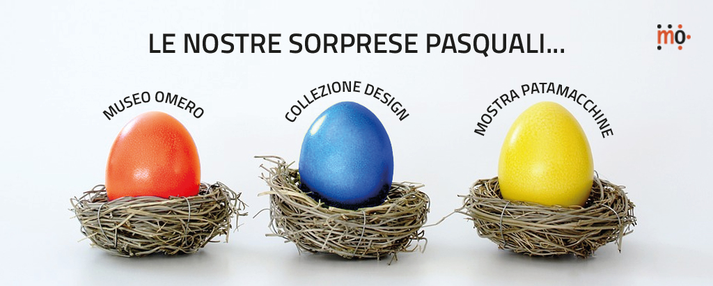 Scritta"le nostre sorprese pasquali" e l'immagine di tre nidi con le vuova colorate di rosso, blu e giallo. Sopra a ciascun uovo appare la scritta Museo Omero, Collezione Design e Patamacchine.