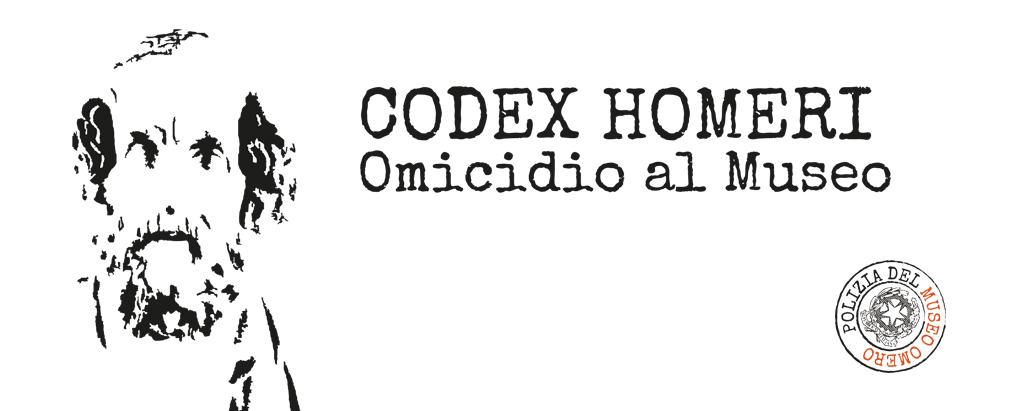 Codex Homeri: Omicidio al Museo! Immagine del busto di Omero e timbro della Polizia del Museo.