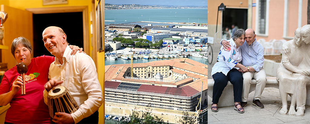 collage di foto con i coniugi Grassini ripresi in un appartamento, e seduti su una panchina. Al centro immagine della Mole Vanvitelliana