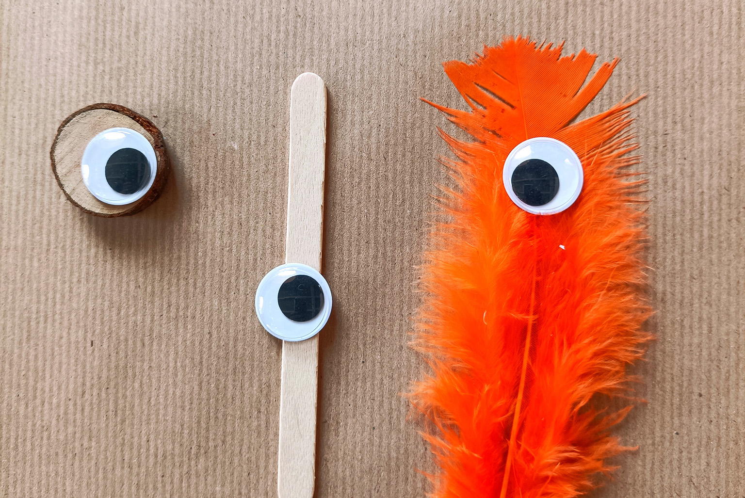 Three elements that make up a kind of tactile comic, as if they were three characters: on the left, a wooden wheel with an eye; in the center, a wooden stick with an eye; on the right, a feather with an eye. The three characters are placed on a cardboard surface and are looking at each other.
