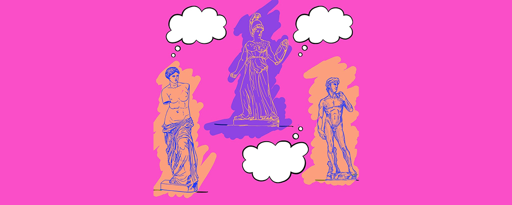 l'immagine è composta da tre disegni la venere di Milo, Athena e il David di Michelangelo