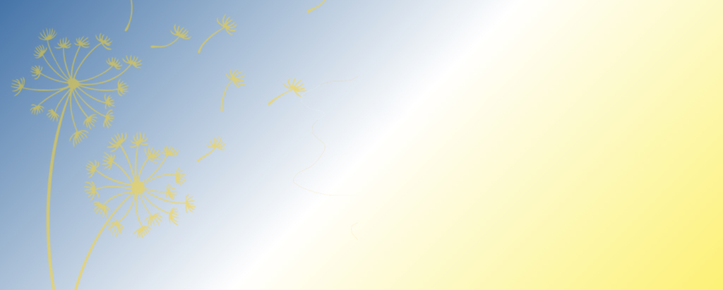 Sfondo sfumato dal blu in alto a sinistra al giallo in basso a destra, con sagome stilizzate di soffioni gialli che rilasciano semi nel vento.